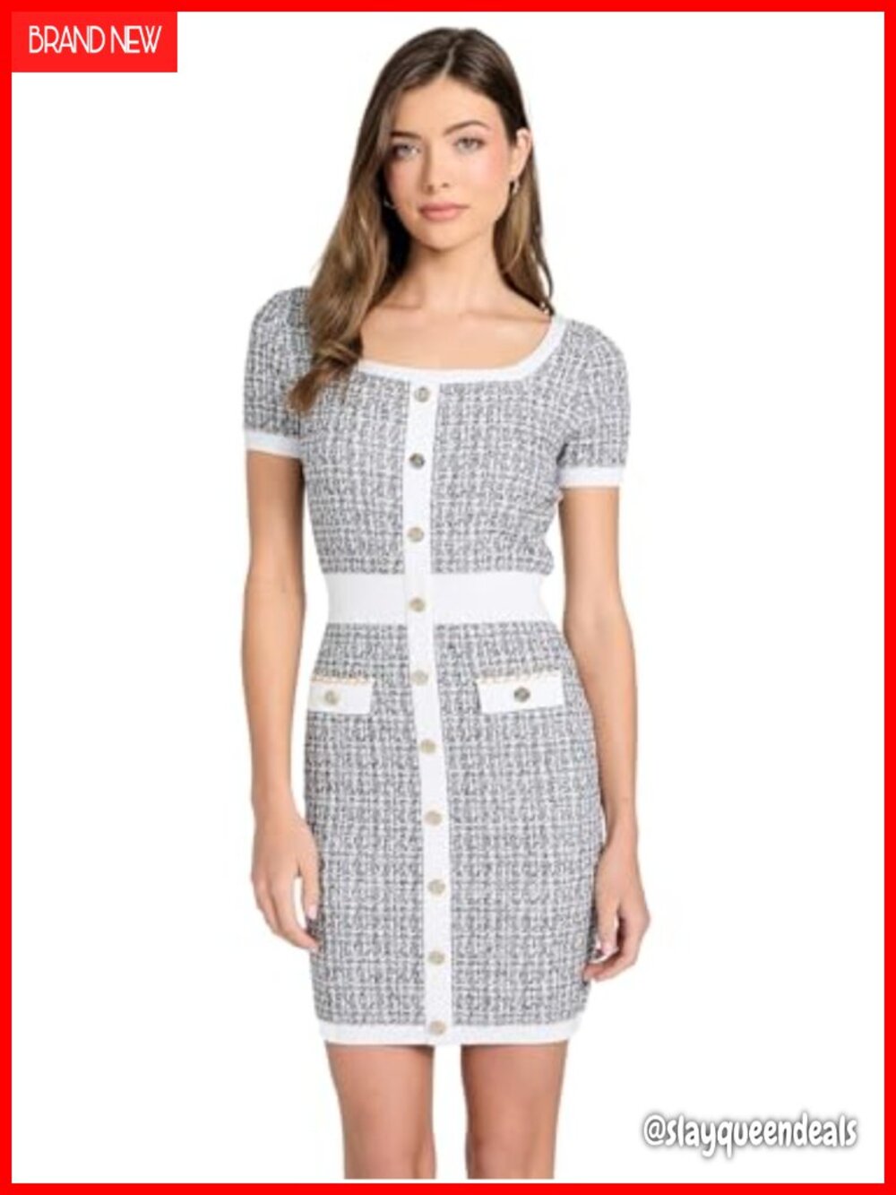 Eco Short Sleeve Annabelle Sweater Dress Square Neck Tweed Knit